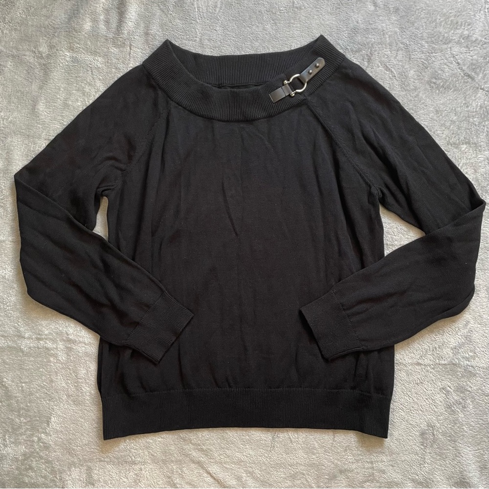 Lauren Ralph Lauren Sweater XL Womens Knit Black Boat Neck Buckle Shoulder